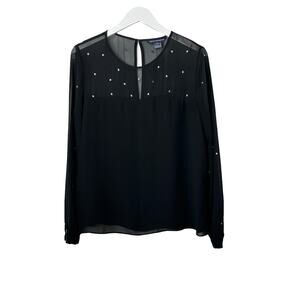 French Connection Black Semi Sheer Long Sleeve Blouse Silver Details Women's 6